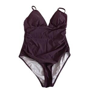 Cupshe Dark Plum One Piece Swimsuit Tummy Control V Neck Ruched Size L